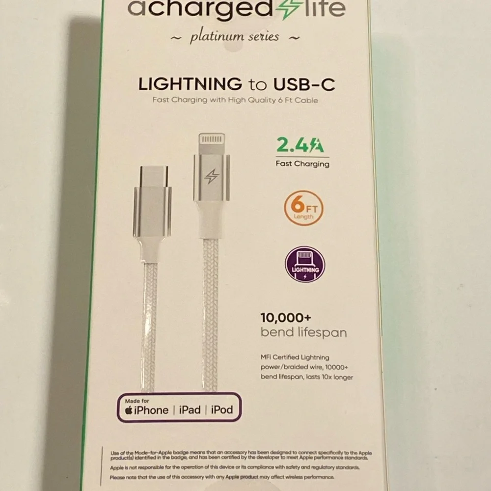 NWT A Charged Life Lightning to USB-C Cable